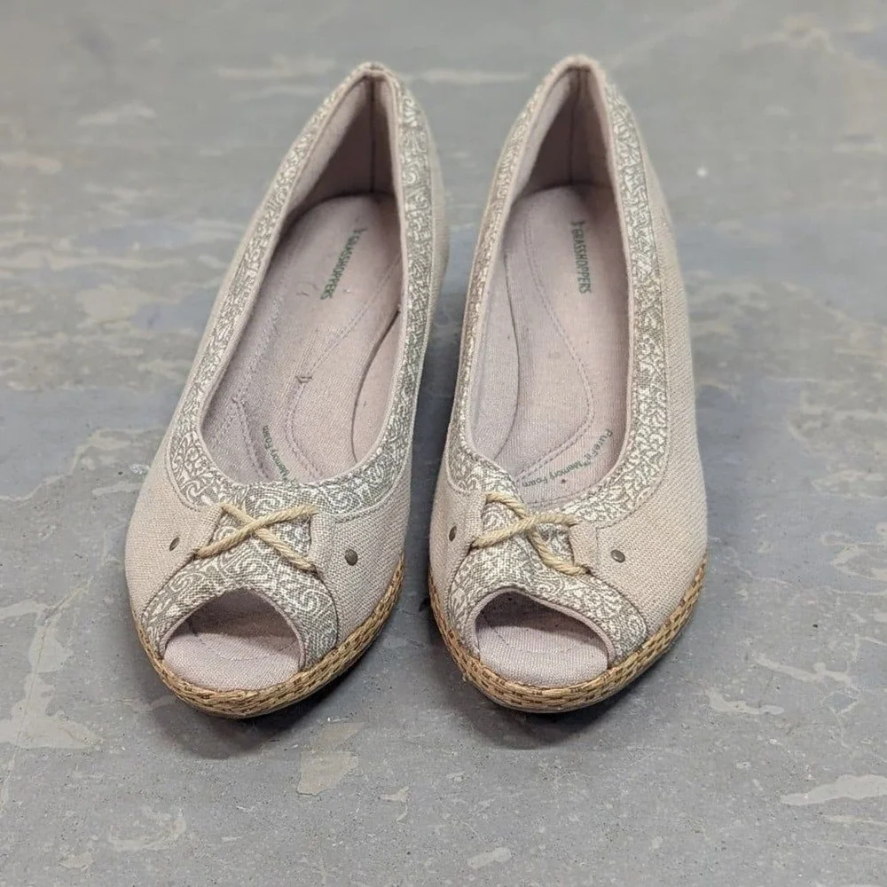 Cottagecore Coastal Grasshoppers Beige & Khaki Espadrille Peep Toe Wedges 7.5